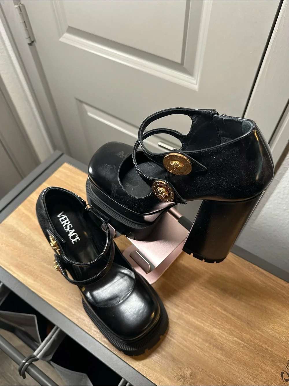 Versace Black Leather Platform Mary Jane Pumps with Gold Medusa Buttons Aevitas